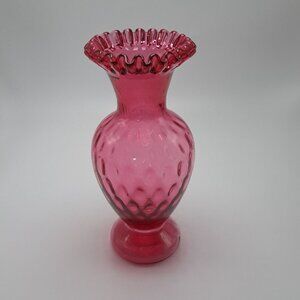 Fenton Cranberry Optic Dot Thumbprint Glass Crimped Pinched Edge Vase Vintage